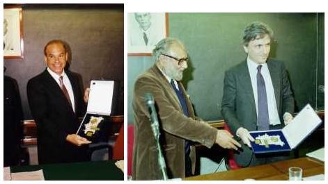 John H. Schwarz (L), Abdus Salam and Michael B. Green