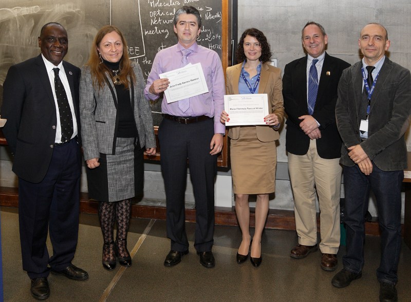 ICO/ICTP Prize winners John Fredy Barrera Ramirez and Maria Florencia Pascual Winter (centre) with Ahmadou Wague, Angela Guzman, and college local organizers Joe Niemela and Miltcho Danailov