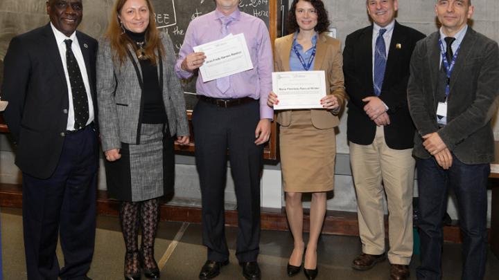 ICO/ICTP Prize winners John Fredy Barrera Ramirez and Maria Florencia Pascual Winter (centre) with Ahmadou Wague, Angela Guzman, and college local organizers Joe Niemela and Miltcho Danailov