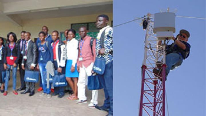 Participants of ICTP's workshop in Cameroon (left); at right Ermanno Pietrosemoli expanding wireless connectivity in Mozambique