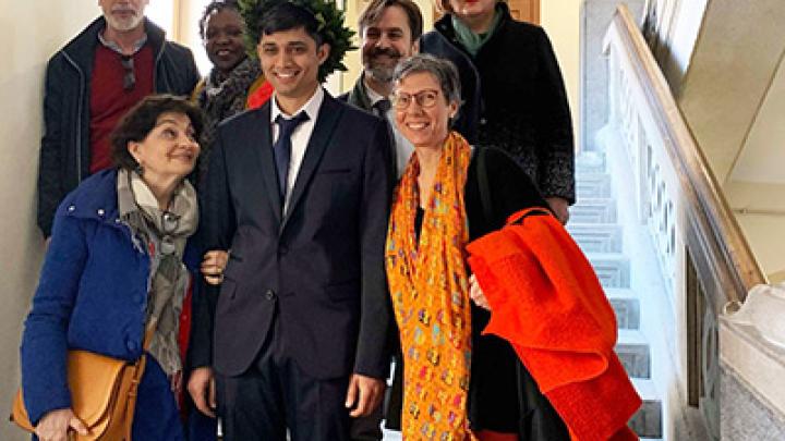 Sadiq Khan (centre) with his colleagues from ICTP's Marie Curie Library at his recent graduation ceremony