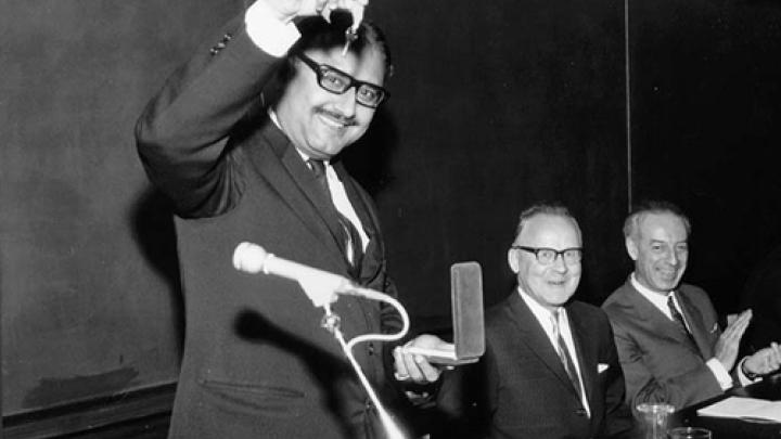 June 1968: ICTP founder and Nobel Laureate Abdus Salam holds the key to the newly opened ICTP main building, which was inaugurated during the International Symposium on Contemporary Physics